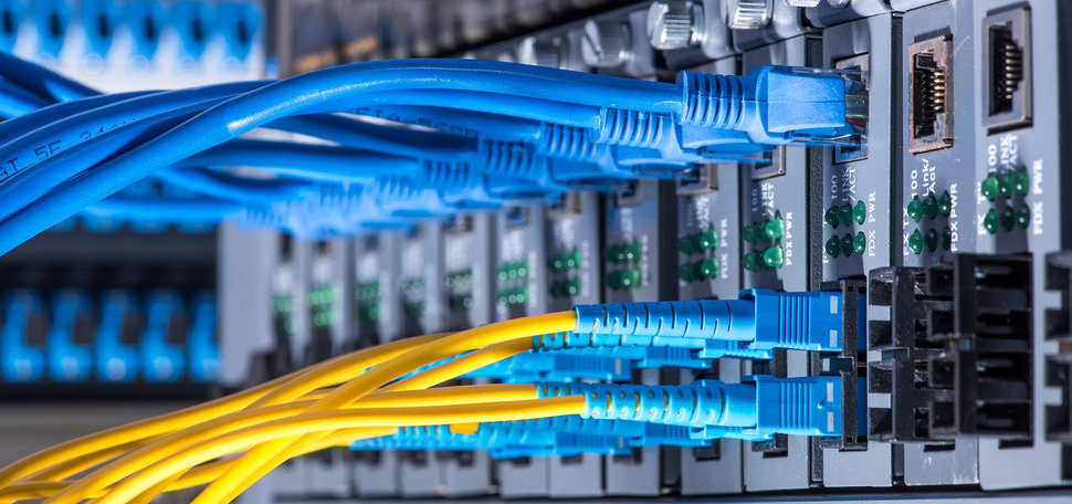 Nippon Labs Cat.6A UTP Ethernet Network Booted Cables are connected to a switch.